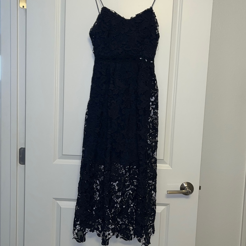 Lace flower navy event midi dress